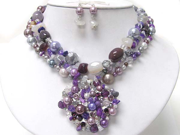 Multi natural stone and pearl deco chunky heart pendant and multi strand necklace earring set