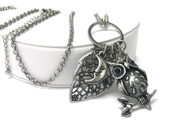 Owl and leaf moon star dangle long necklace