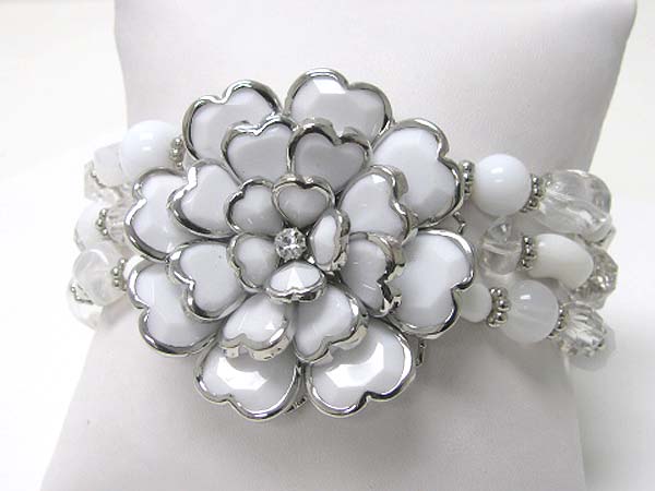 Acryl and crystal art deco flower top multi row beads stretch bracelet