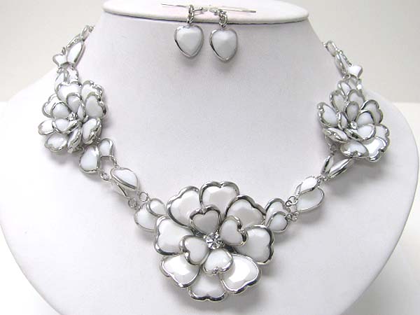 Acryl and crystal art deco flower link necklace earring set