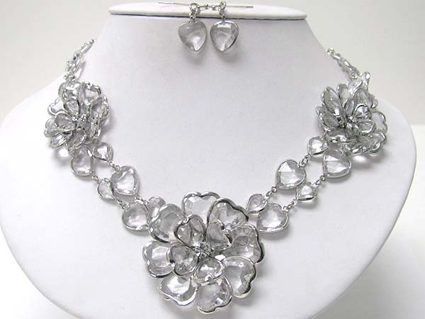Acryl and crystal art deco flower link necklace earring set