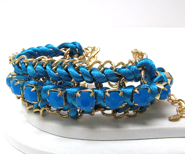 Metal fashion chain and crystal stone patern on braided colorful fashion cord chain bracelet