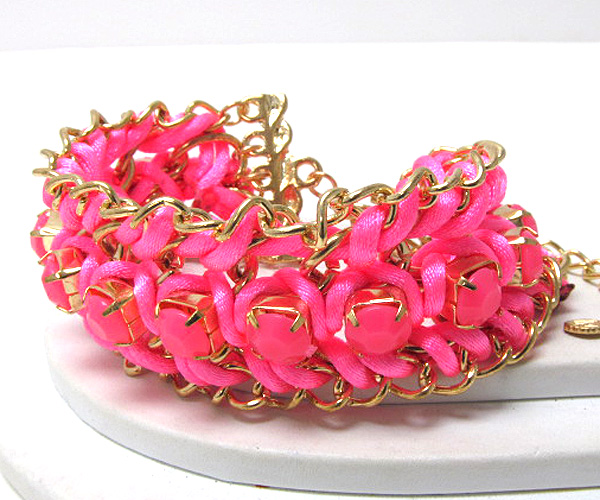 Metal fashion chain and crystal stone patern on braided colorful fashion cord chain bracelet