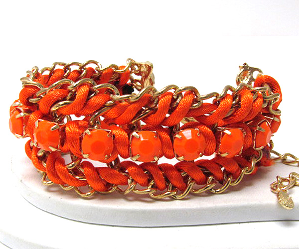 Metal fashion chain and crystal stone patern on braided colorful fashion cord chain bracelet