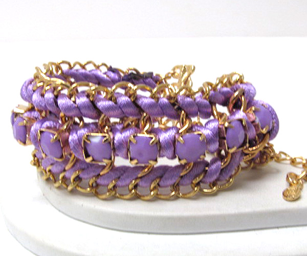 Metal fashion chain and crystal stone patern on braided colorful fashion cord chain bracelet
