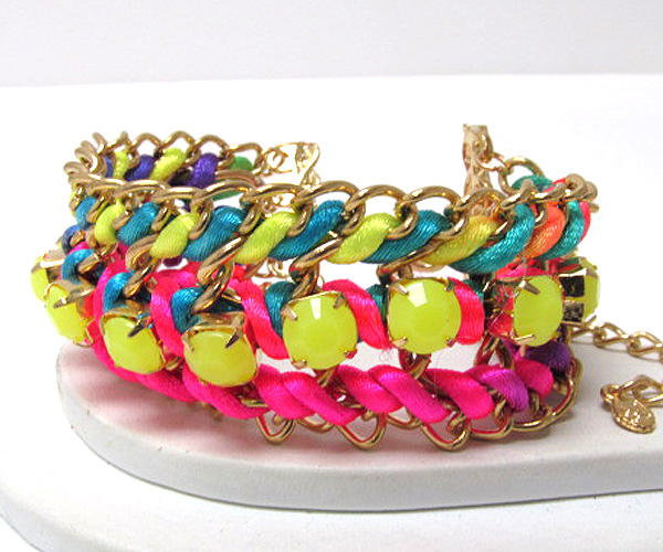 Metal fashion chain and crystal stone patern on braided colorful fashion cord chain bracelet