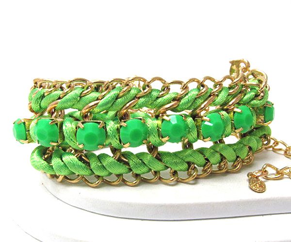 Metal fashion chain and crystal stone patern on braided colorful fashion cord chain bracelet