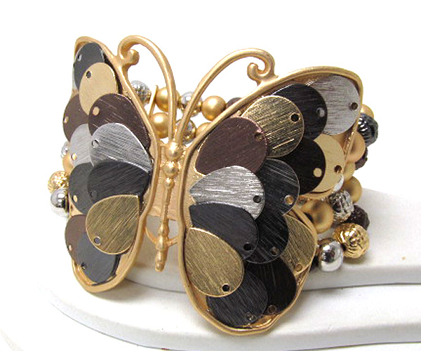 Multi tear drop disk inside large fashion butterfly and multi mix metal balls stretch bracelet
