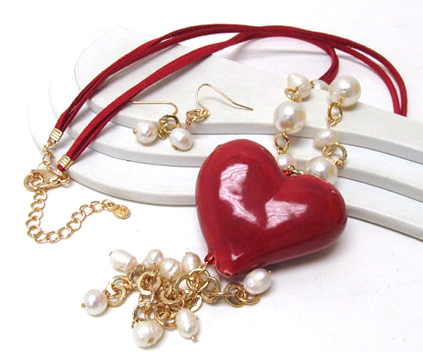 Multi pearls with chain drop natural stone heart drop dangle peral chain drop cord necklace earring set