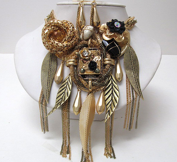 Crystal stud metal chain flowers and leaves and tassel long drop bib necklace earring set