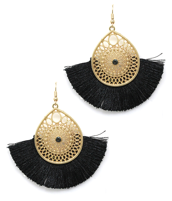 METAL FILIGREE TEARDROP AND THREAD FAN TASSEL EARRING