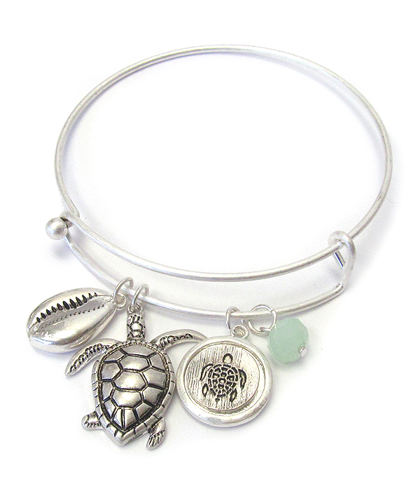 Sealife theme charm wire bangle bracelet - turtle