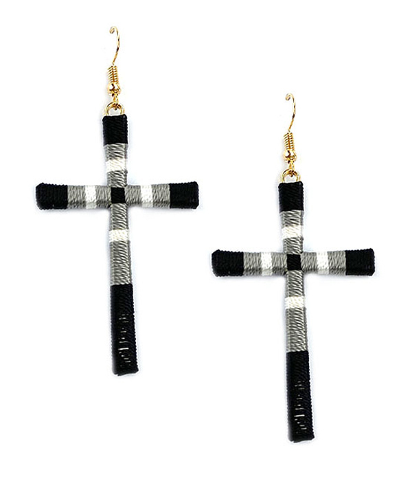 MULTI COLOR THREAD WRAP CROSS EARRING