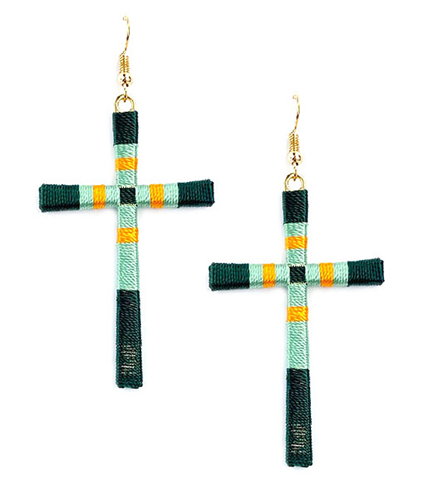 MULTI COLOR THREAD WRAP CROSS EARRING