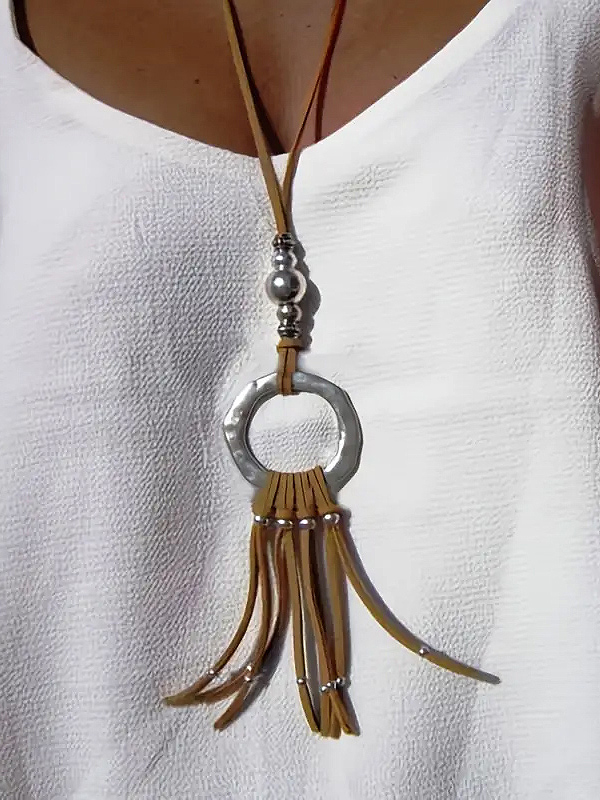 Ethnic hoop pendant suede tassel long necklace
