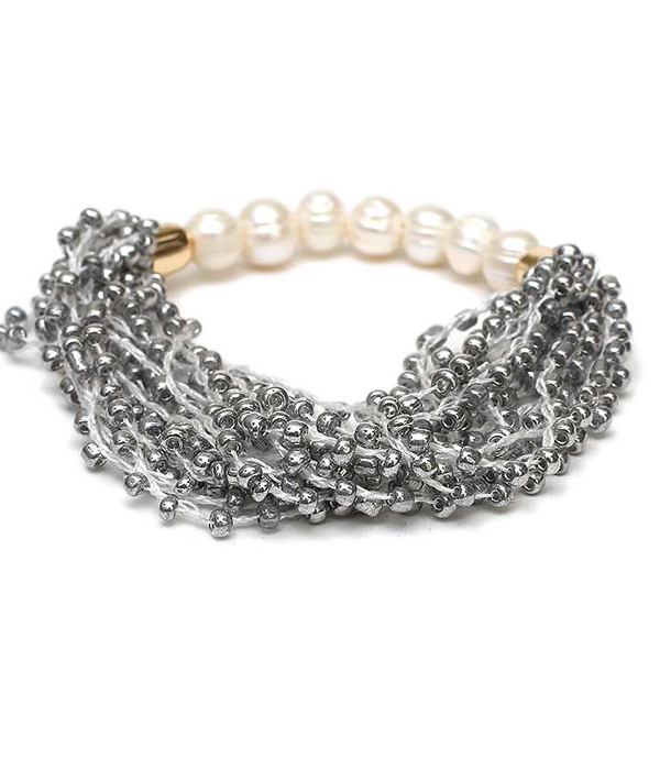 Genuine fresh water pearl and multi seed bead stretch bracelet