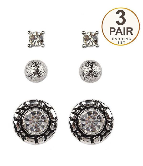 Crystal center metal casting button 3 pair earring set