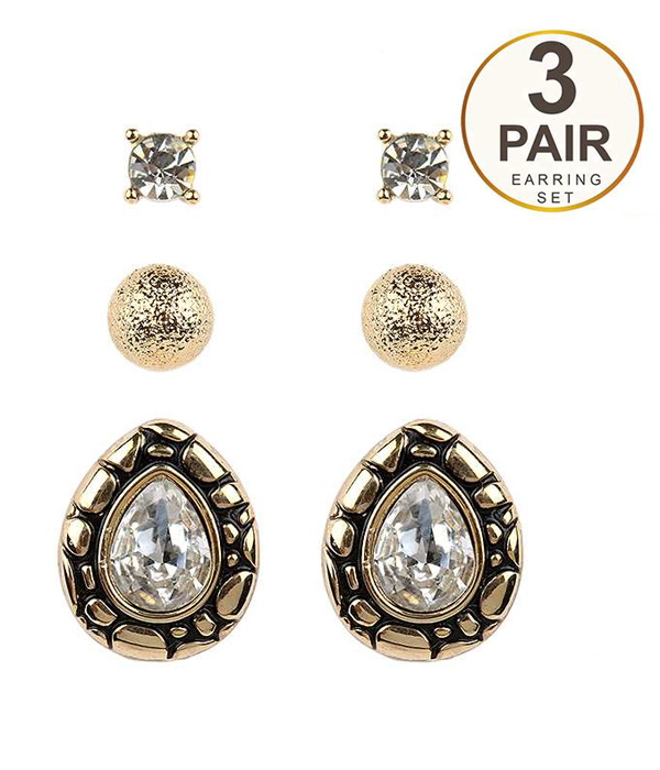 Crystal center metal casting teardrop 3 pair earring set
