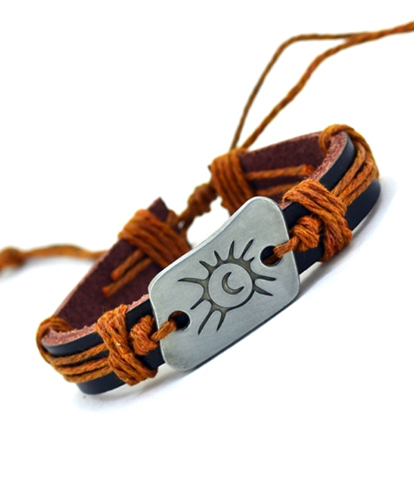 Tribal style handmade pull tie leather bracelet