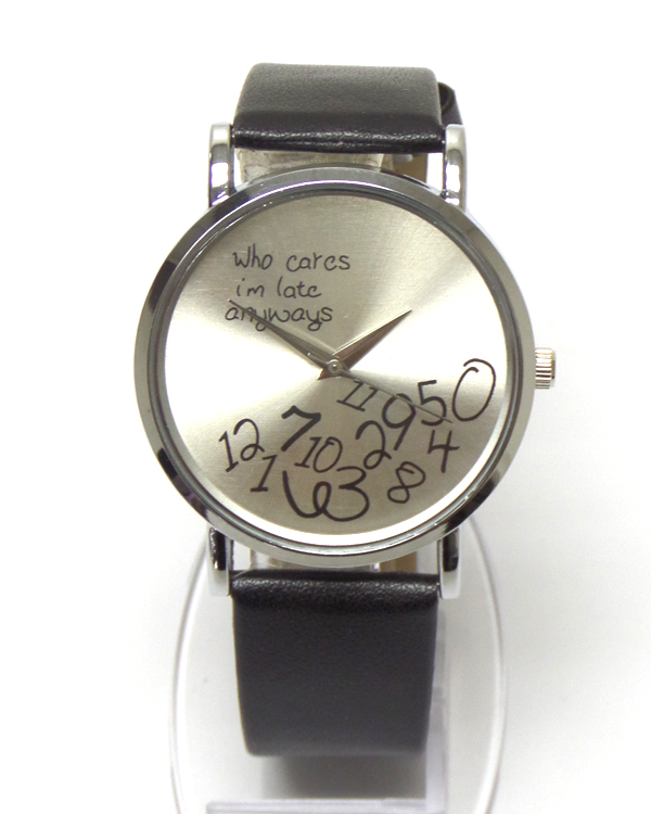 Time theme metal face leatherette band watch