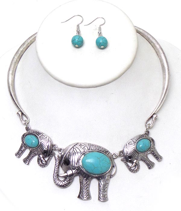 Turquoise elephant link chocker necklace set