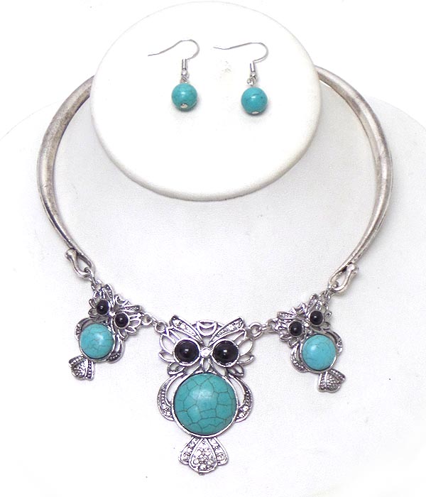 Turquoise owl link chocker necklace set