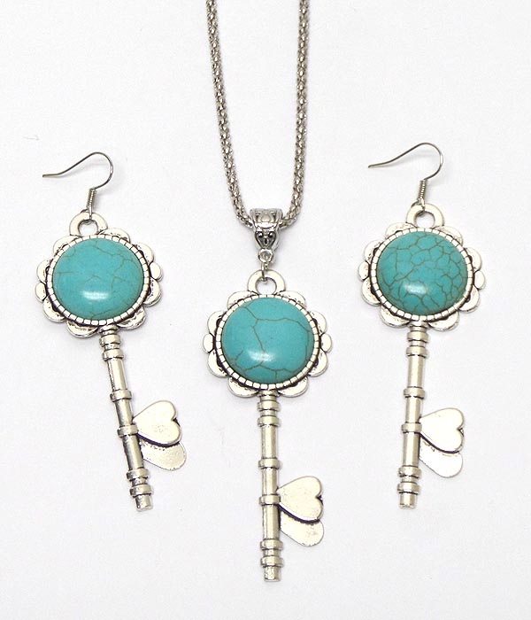 Turquoise heart key pendant necklace set