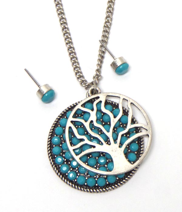Crystal stud disk and tree of life pendant necklace set