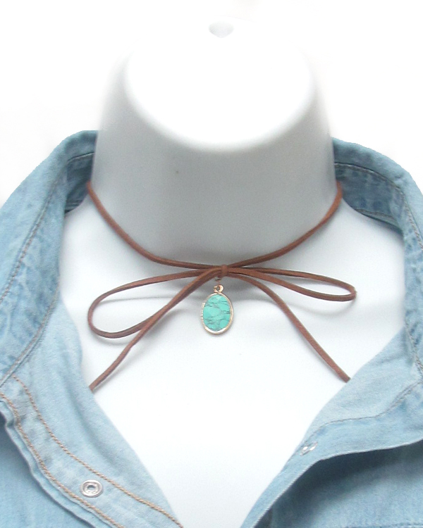 Stone and leather bow choker necklace