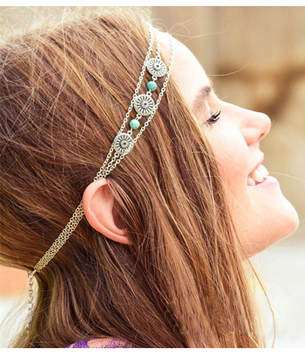 Retro vintage turquoise and coin hair chain