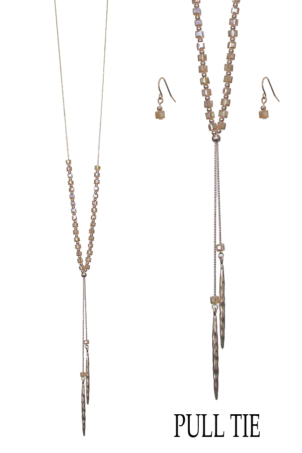 Cube glass bead adjustable length pull tie y shape necklace set