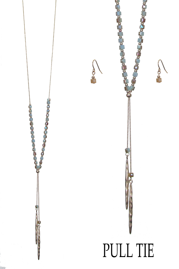 Cube glass bead adjustable length pull tie y shape necklace set