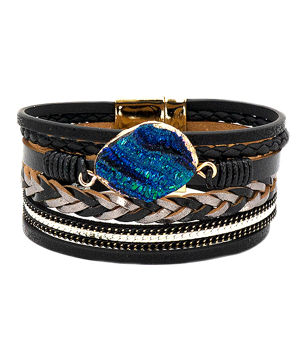 Druzy and multi layer leatherette magnetic bracelet
