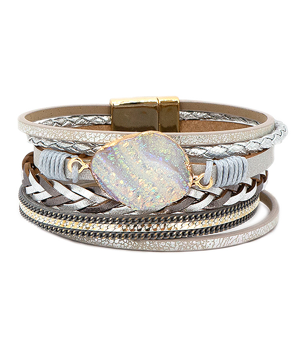 Druzy and multi layer leatherette magnetic bracelet