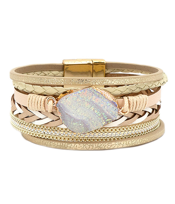 Druzy and multi layer leatherette magnetic bracelet