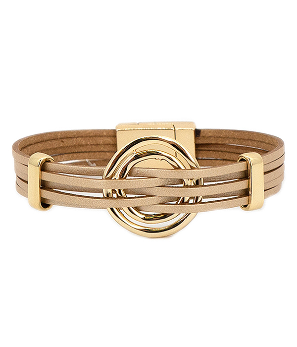 Metal ring and multi layer leatherette magnetic bracelet