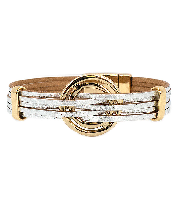 Metal ring and multi layer leatherette magnetic bracelet