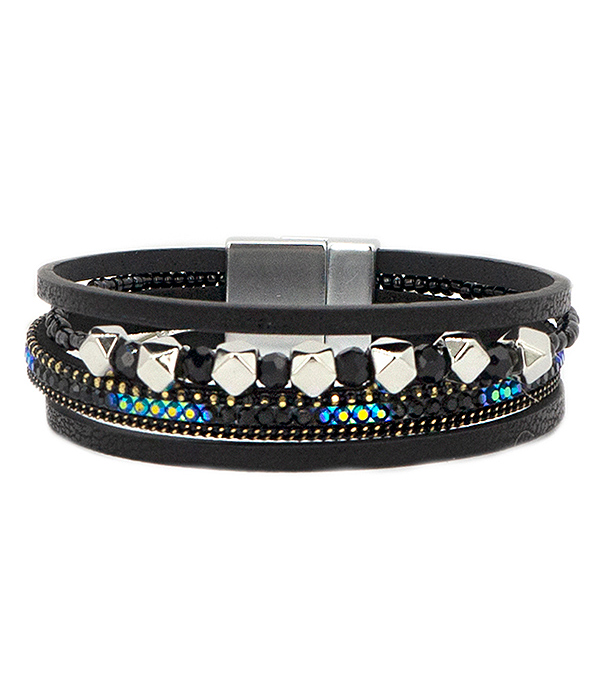 CRYSTAL AND METAL BEAD MIX MULTI LAYER LEATHERETTE MAGNETIC BRACELET
