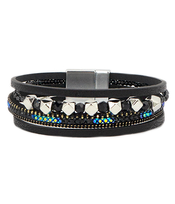 Crystal and metal bead mix multi layer leatherette magnetic bracelet