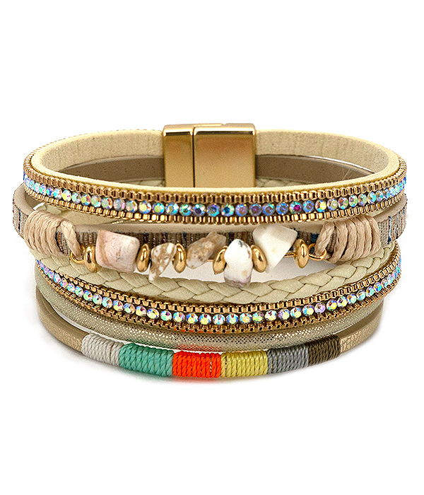 Crystal and genuine stone bead mix multi layer leaterette magnetic bracelet