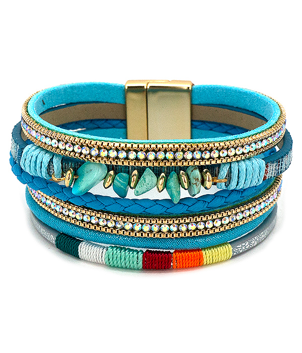 Crystal and genuine stone bead mix multi layer leaterette magnetic bracelet