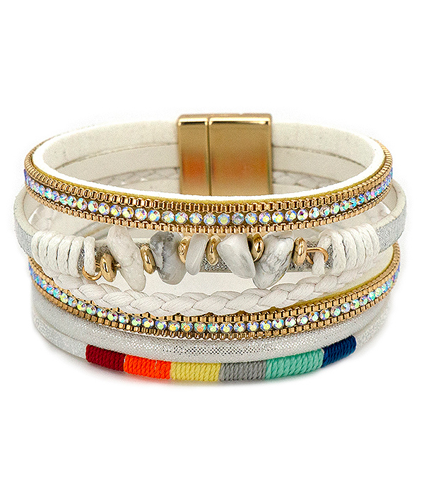 CRYSTAL AND GENUINE STONE BEAD MIX MULTI LAYER LEATHERETTE MAGNETIC BRACELET