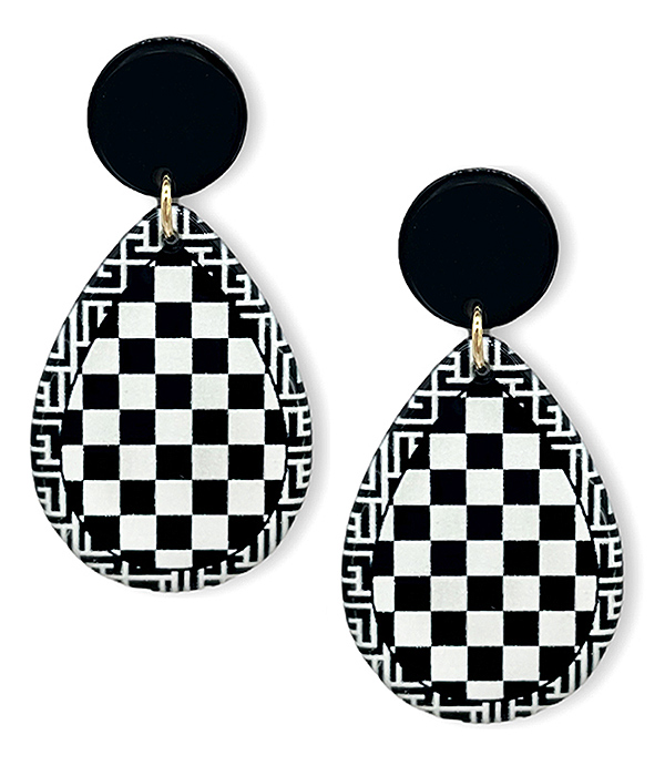BLACK AND WHITE CHECKERED PATTERN EARRING - TEARDROP