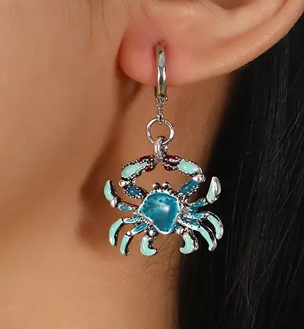 Blue crab shaped dangle hoop fun earrings