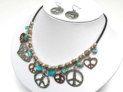Natural stone and peace mark charm dangle neckalce and earring set