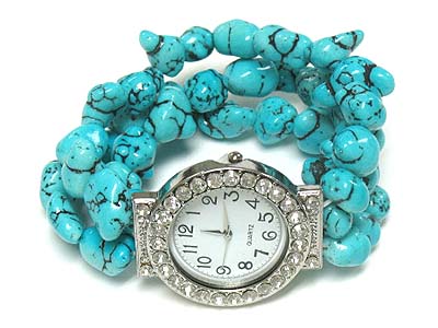 Tri row natural stone stretch crystal frame watch 