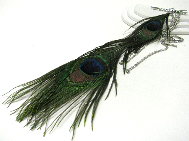 14 inch super long  crystal stud hair clip with multi peacock feather and crystal drop