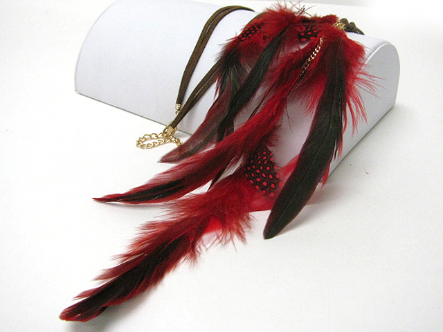 Multi feather and suede cord long necklace earring set