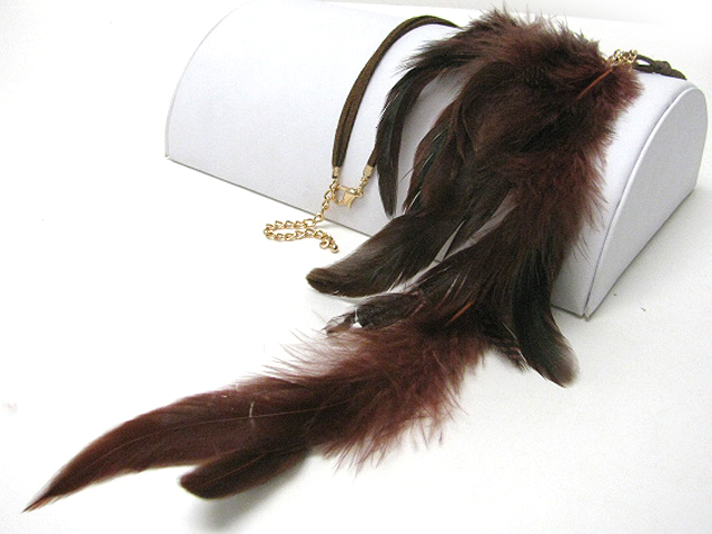 Multi feather and suede cord long necklace earring set