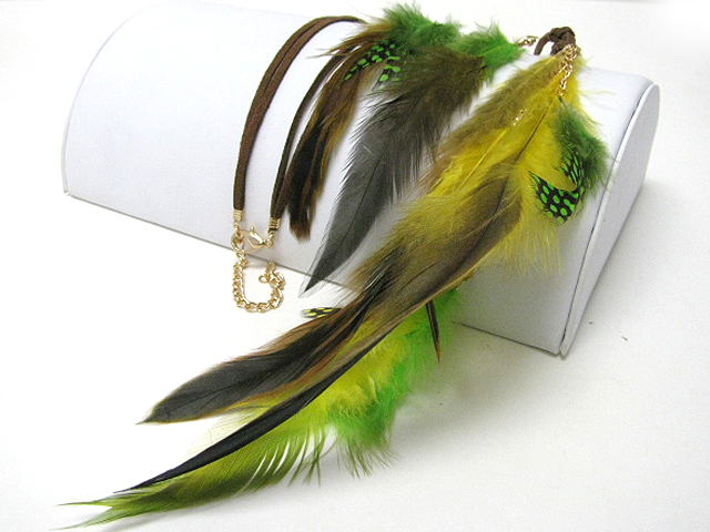 Multi feather and suede cord long necklace earring set